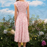 Floral V-Neck Smocked Short Sleeve Midi Dress Pink Multi
