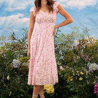 Floral V-Neck Smocked Short Sleeve Midi Dress Pink Multi