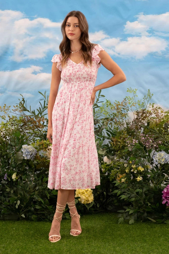 Floral V-Neck Smocked Short Sleeve Midi Dress Pink Multi