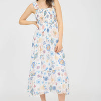Fruit Print Smocked Sleeveless Midi Dress