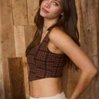 Brown Multi Plaid Lace Trim Cropped Corset Top