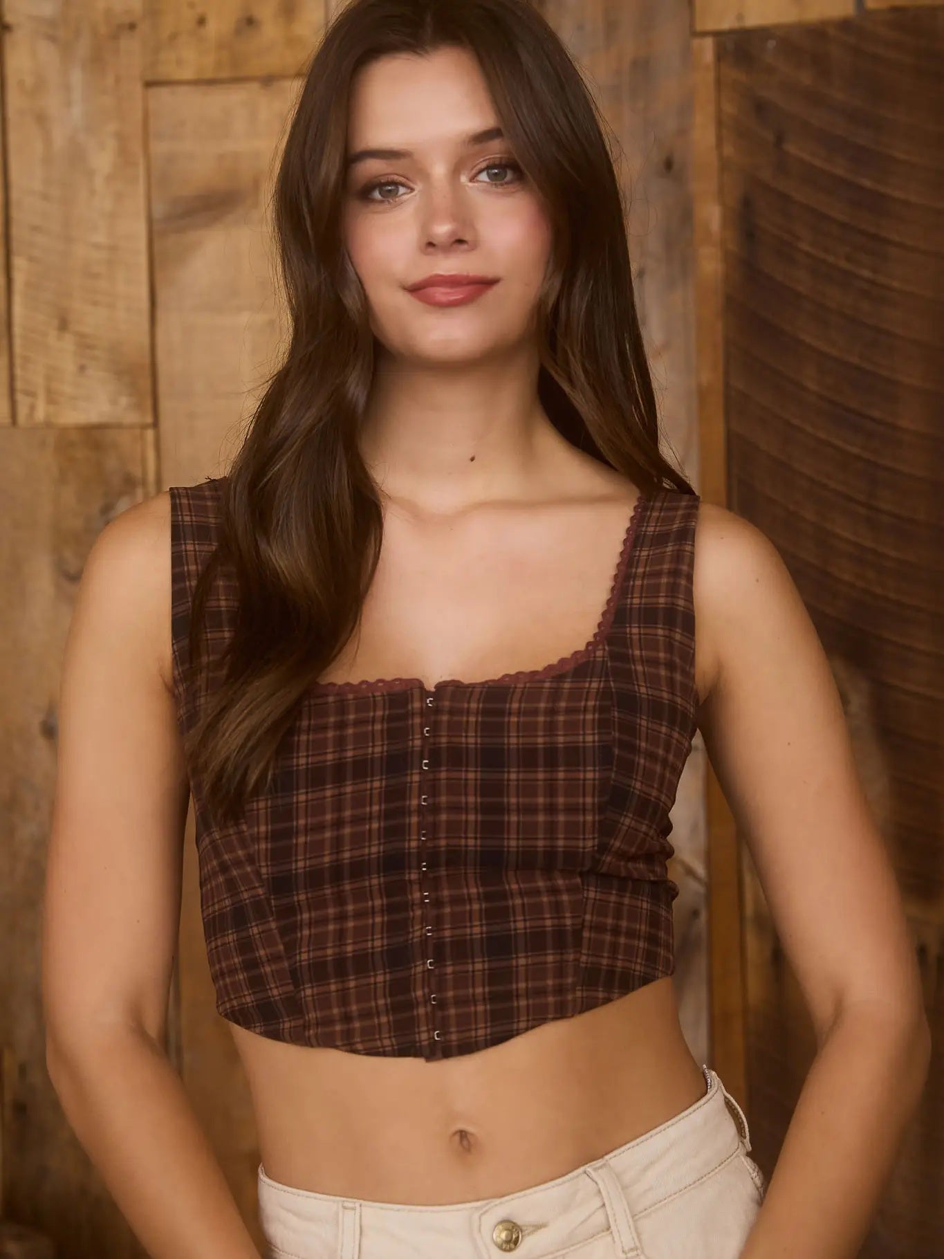 Brown Multi Plaid Lace Trim Cropped Corset Top