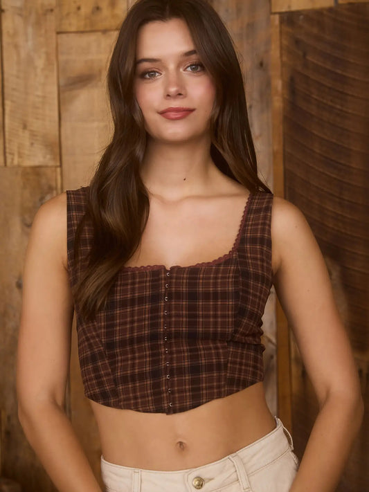 Brown Multi Plaid Lace Trim Cropped Corset Top