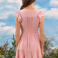 V Neck Short Sleeve Ruffle Detail Shirred Mini Dress Pink
