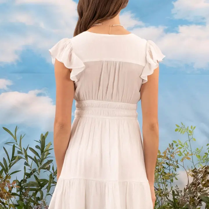 V-Neck Short Sleeve Ruffle Detail Shirred Mini Dress White