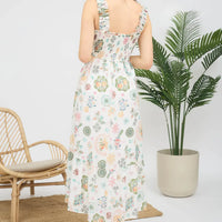 Fruit Print Smocked Sleeveless Midi Dress