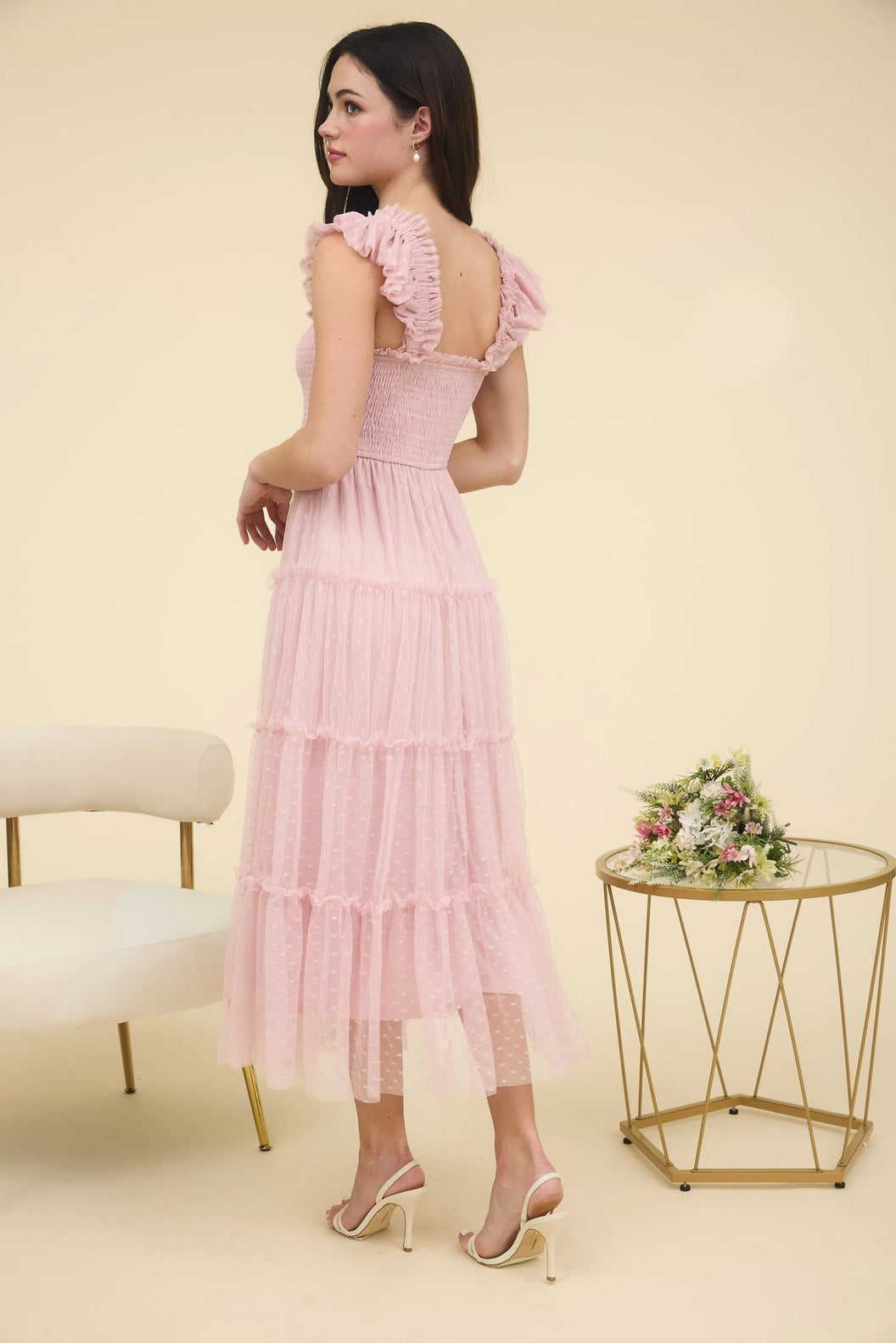 Polka Dot Chiffon Smocked Tiered Midi Dress