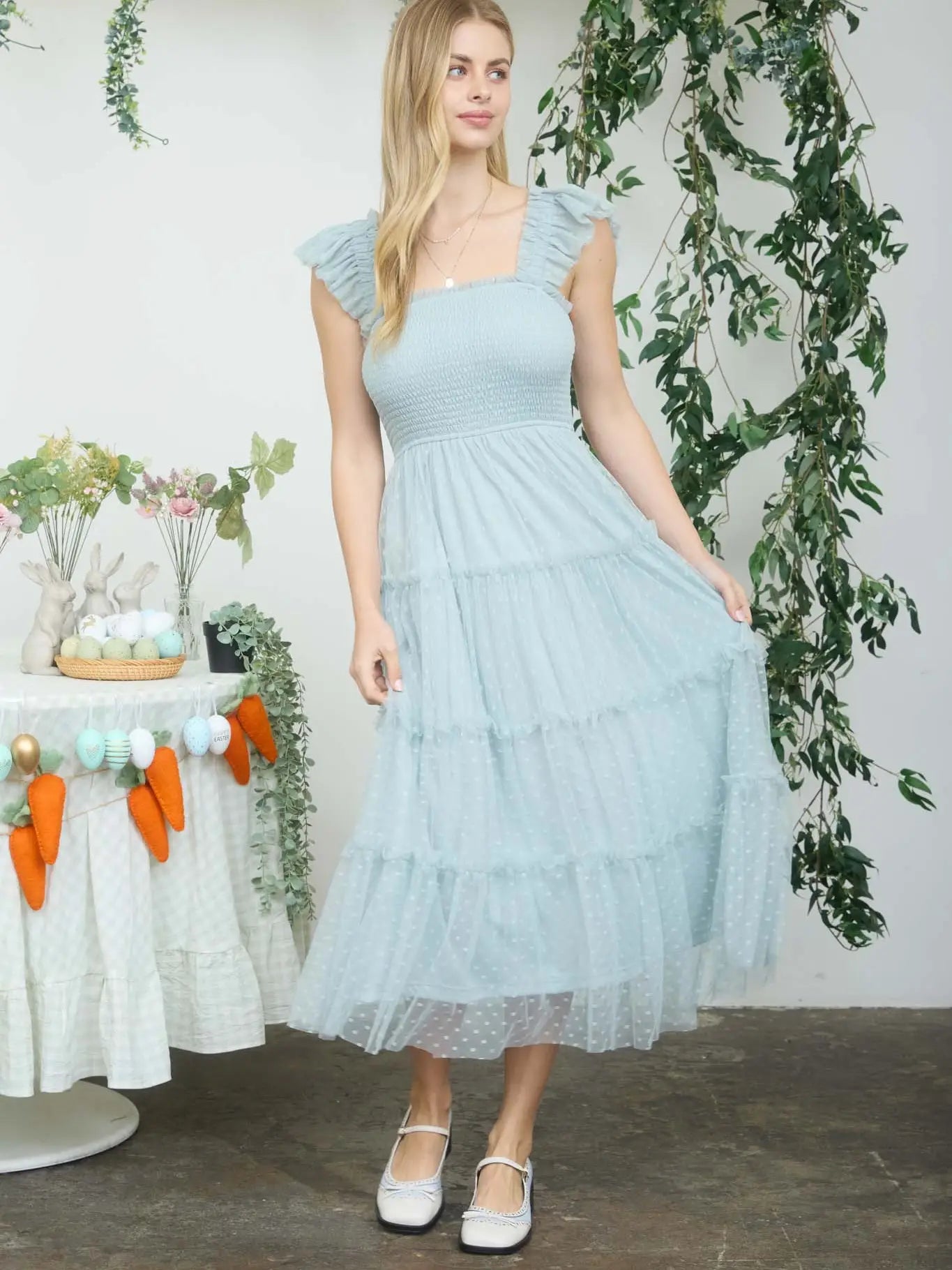 Polka Dot Chiffon Smocked Tiered Midi Dress