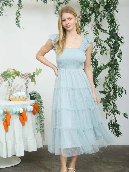 Polka Dot Chiffon Smocked Tiered Midi Dress