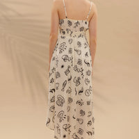 Doodle Print Shirred Waist Sleeveless Midi Dress