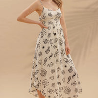 Doodle Print Shirred Waist Sleeveless Midi Dress