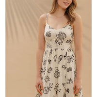 Doodle Print Shirred Waist Sleeveless Midi Dress