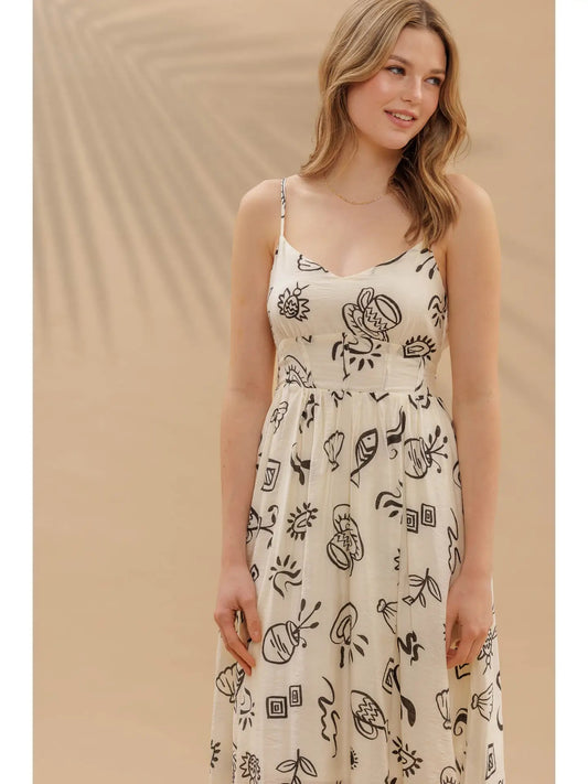 Doodle Print Shirred Waist Sleeveless Midi Dress