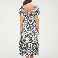 Black Floral Scallop Trim Puff Sleeve Midi Dress