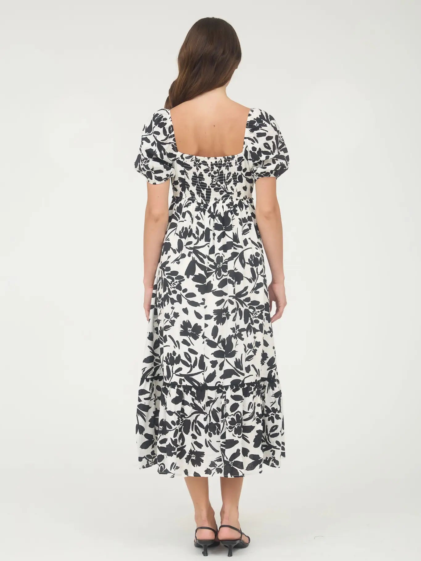 Black Floral Scallop Trim Puff Sleeve Midi Dress