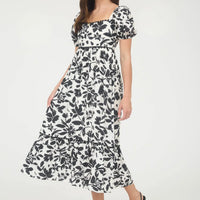 Black Floral Scallop Trim Puff Sleeve Midi Dress