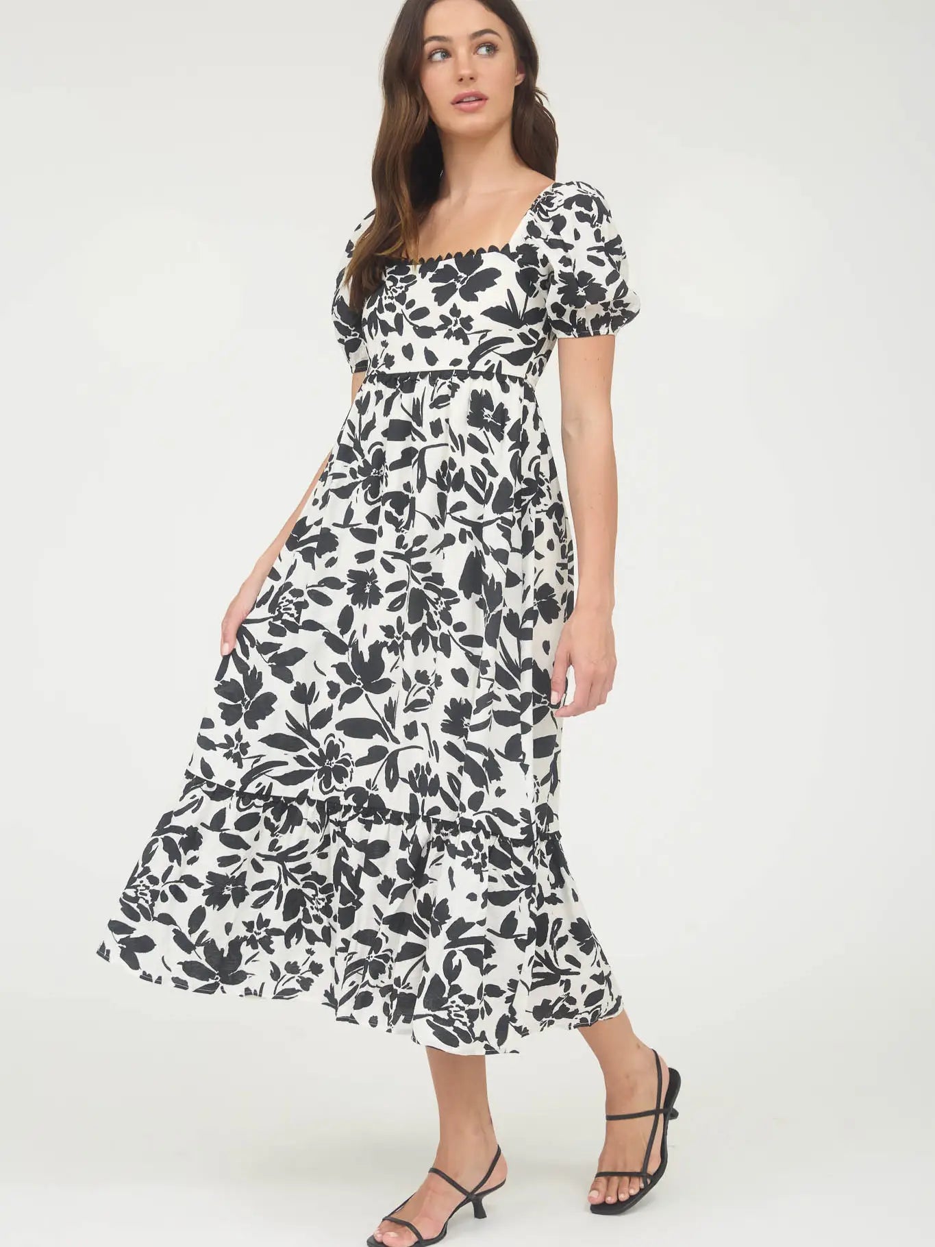 Black Floral Scallop Trim Puff Sleeve Midi Dress