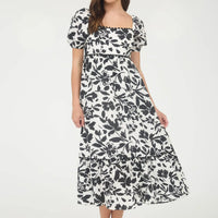 Black Floral Scallop Trim Puff Sleeve Midi Dress