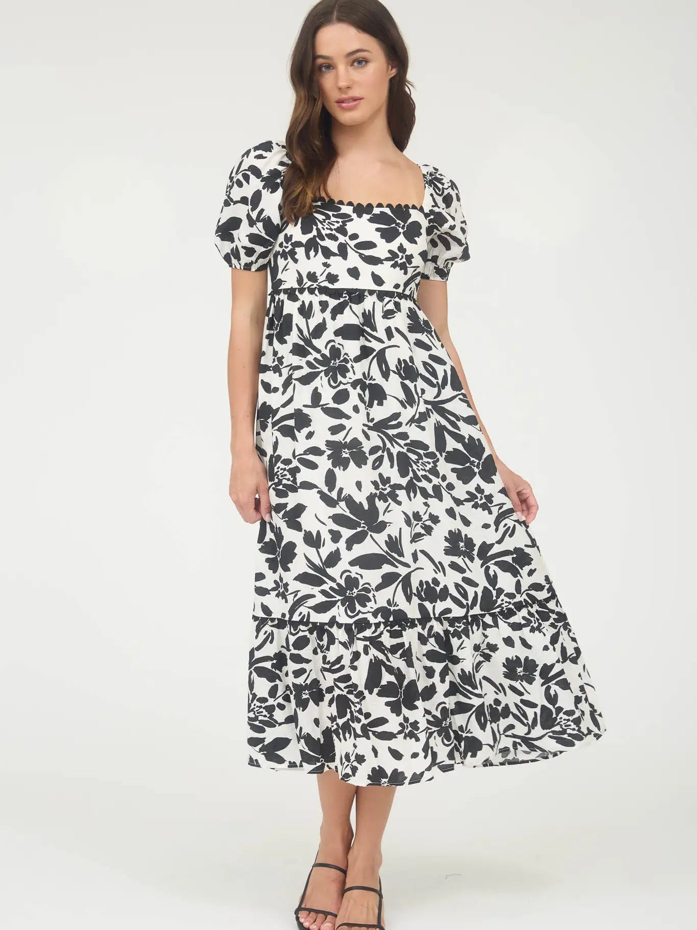 Black Floral Scallop Trim Puff Sleeve Midi Dress