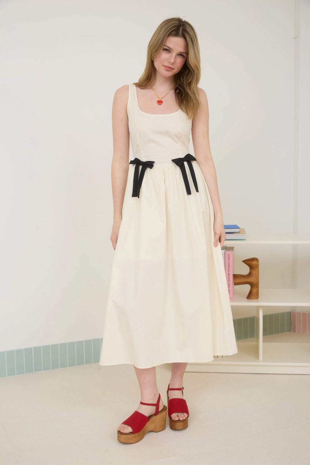 Bow Details Sleeveless A-Line Midi Dress