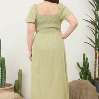 Light Olive Smocked Front Tie Button Down Midi Sundress