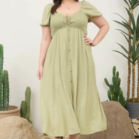 Light Olive Smocked Front Tie Button Down Midi Sundress