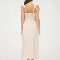 Light Taupe Shirred Front Tie Detail Sleeveless Midi Dress