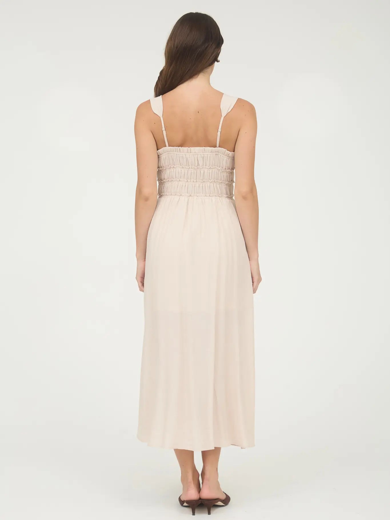 Light Taupe Shirred Front Tie Detail Sleeveless Midi Dress