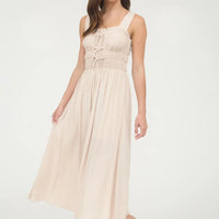 Light Taupe Shirred Front Tie Detail Sleeveless Midi Dress