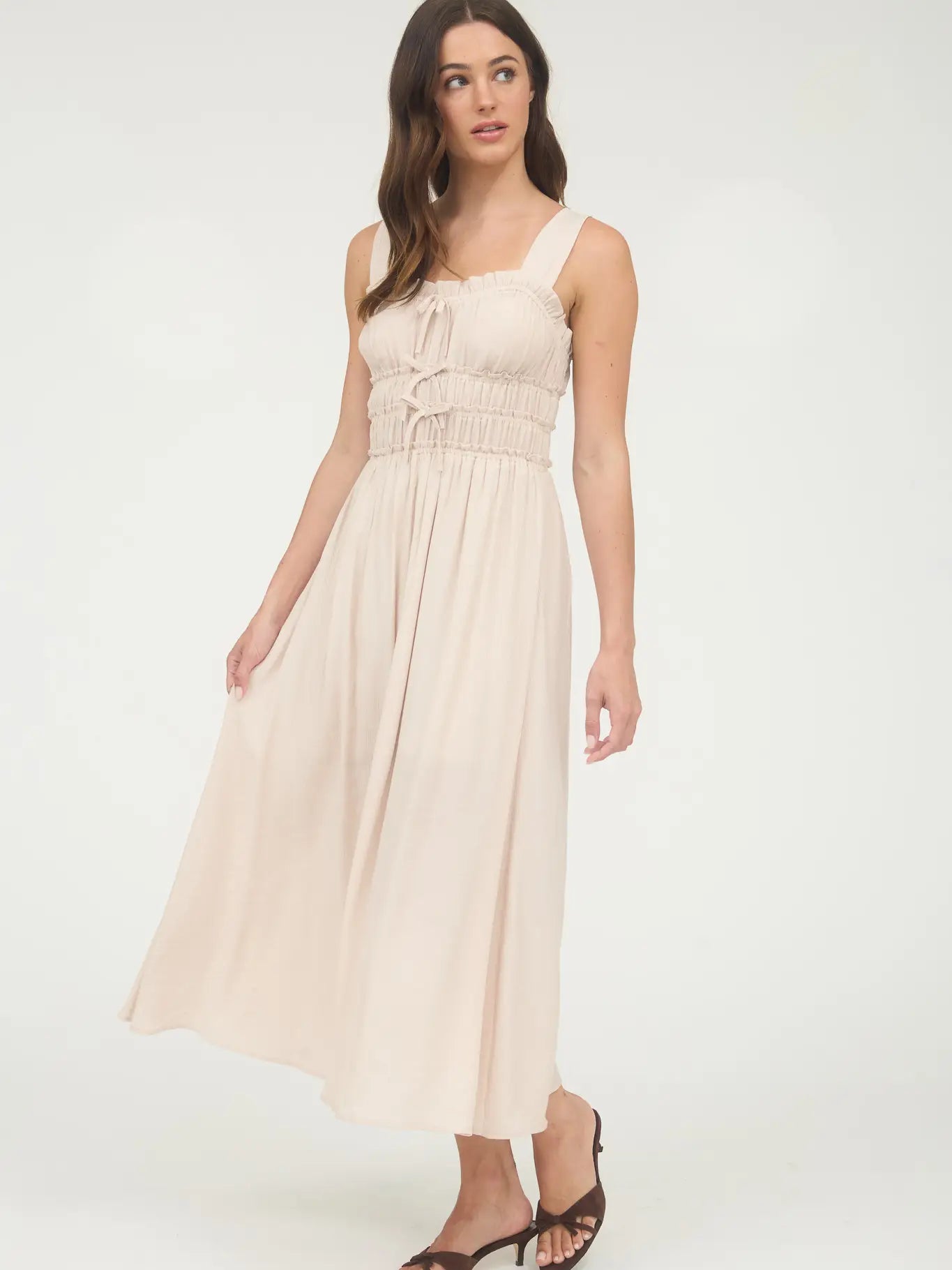 Light Taupe Shirred Front Tie Detail Sleeveless Midi Dress