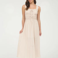 Light Taupe Shirred Front Tie Detail Sleeveless Midi Dress