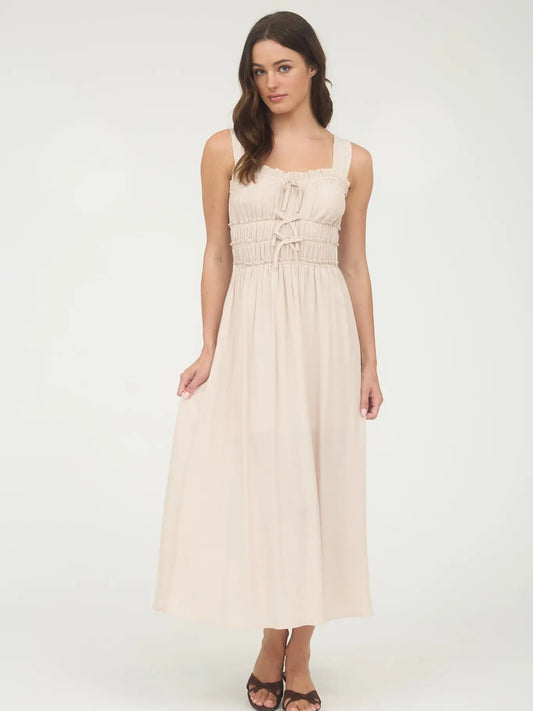 Light Taupe Shirred Front Tie Detail Sleeveless Midi Dress