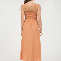 Pumpkin Shirred Front Tie Detail Sleeveless Midi Dress