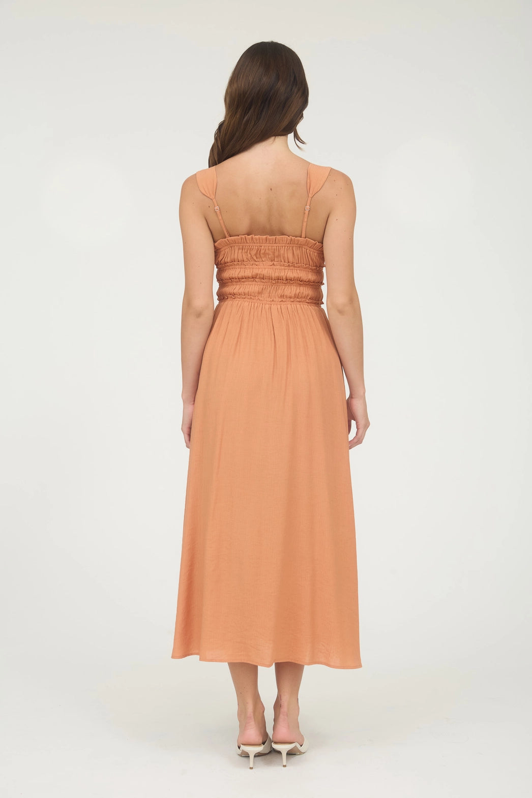 Pumpkin Shirred Front Tie Detail Sleeveless Midi Dress