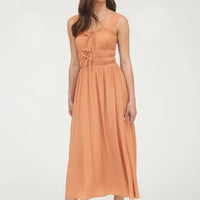 Pumpkin Shirred Front Tie Detail Sleeveless Midi Dress