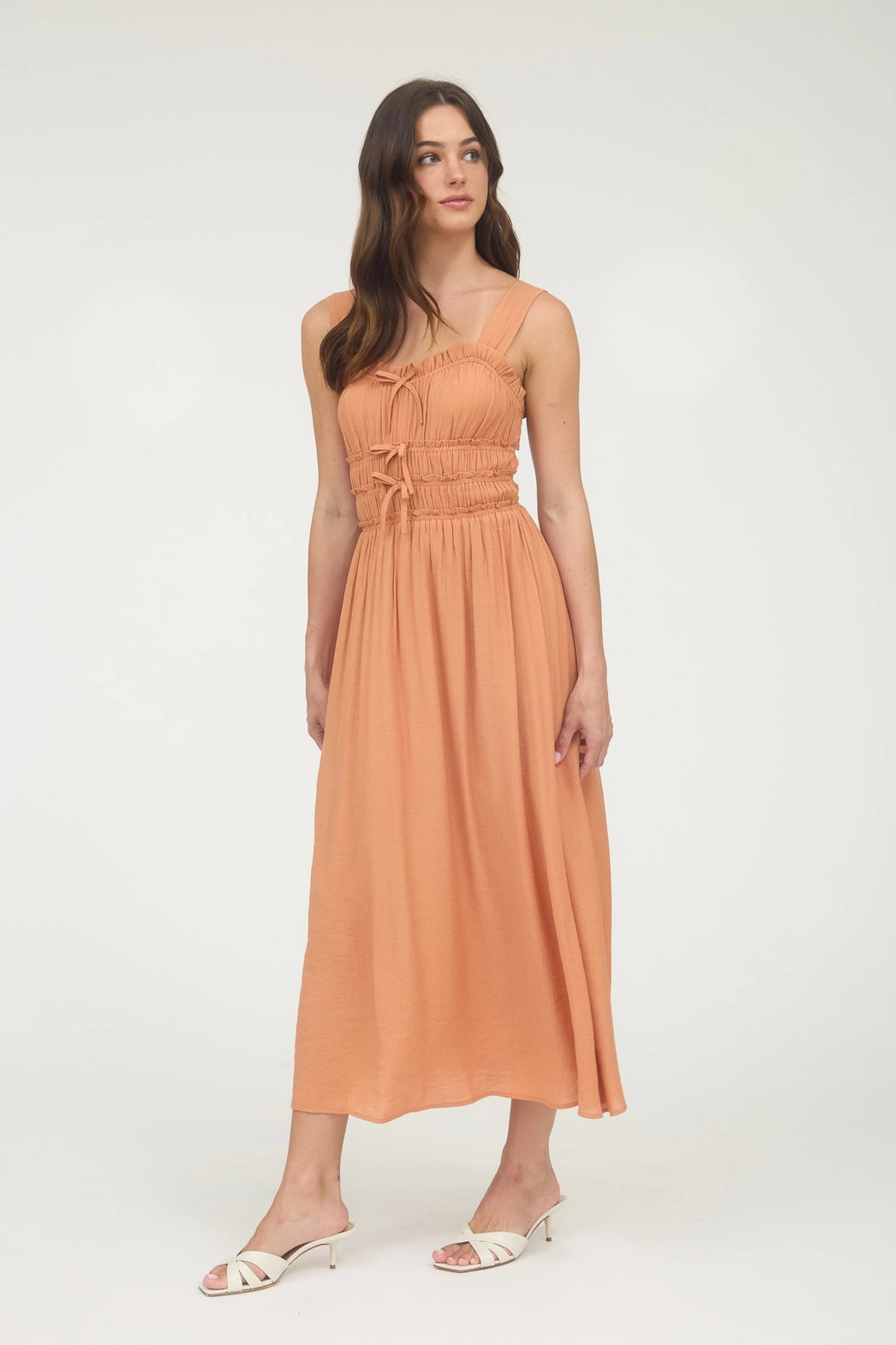 Pumpkin Shirred Front Tie Detail Sleeveless Midi Dress