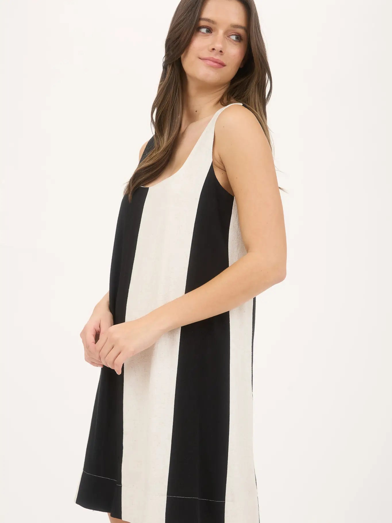 Black And White Wide Stripe Sleeveless Linen Mini Dress