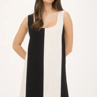 Black And White Wide Stripe Sleeveless Linen Mini Dress