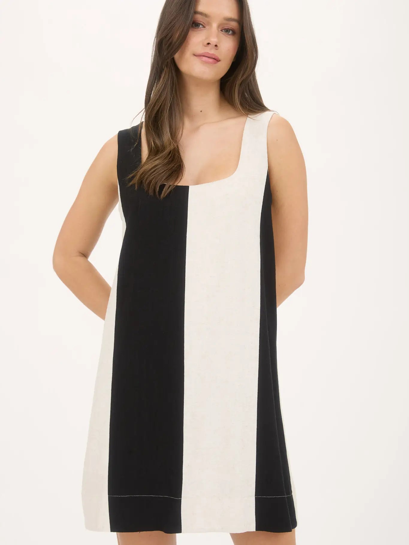 Black And White Wide Stripe Sleeveless Linen Mini Dress