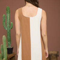 Brown And White Wide Stripe Sleeveless Linen Mini Dress