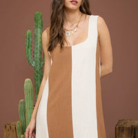 Brown And White Wide Stripe Sleeveless Linen Mini Dress