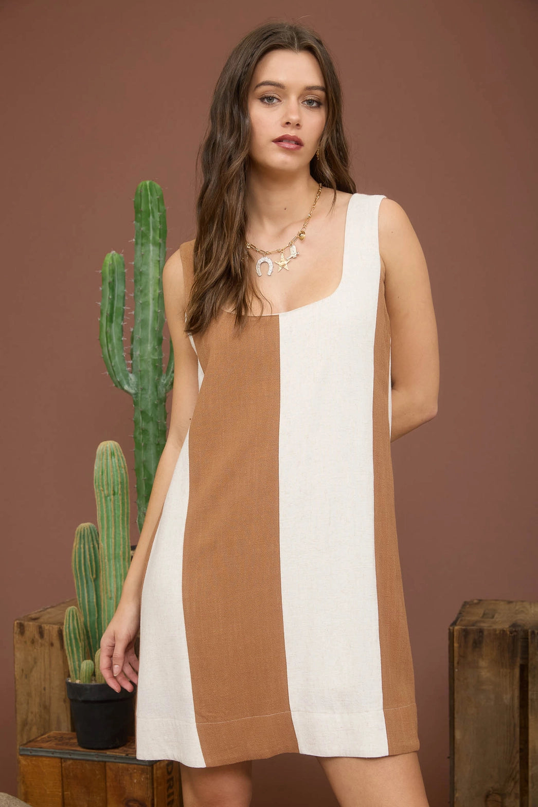 Brown And White Wide Stripe Sleeveless Linen Mini Dress