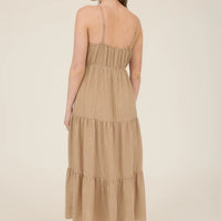 Khaki Stripe Front Tie Cut-Out Tiered Midi Sundress