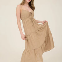 Khaki Stripe Front Tie Cut-Out Tiered Midi Sundress