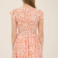 Cantaloupe Leaf Print Front Tie Smocked Bodice Mini Dress