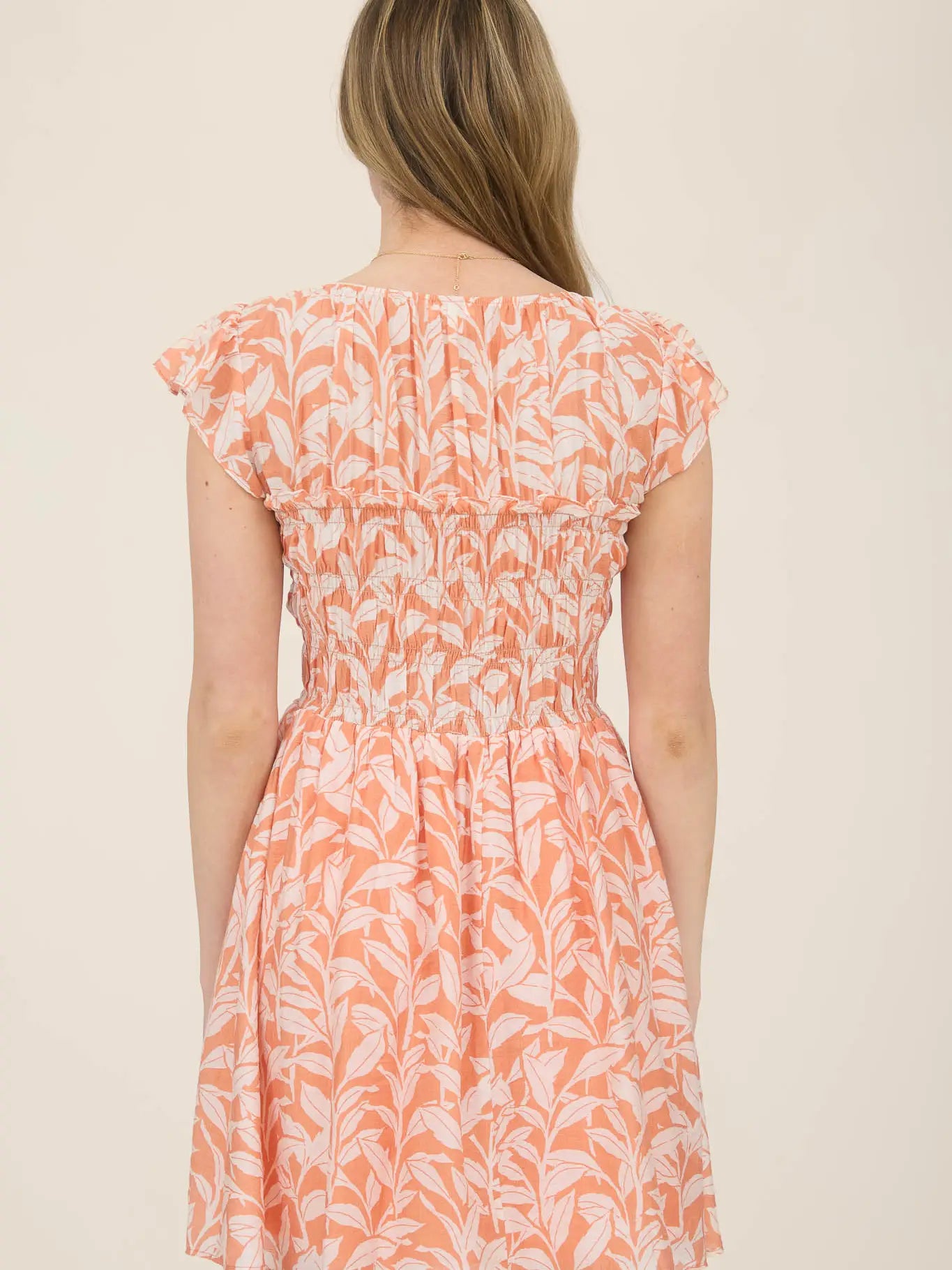 Cantaloupe Leaf Print Front Tie Smocked Bodice Mini Dress