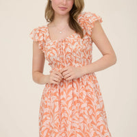 Cantaloupe Leaf Print Front Tie Smocked Bodice Mini Dress