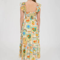 Multi Color Fruit Print Smocked Midi Dress