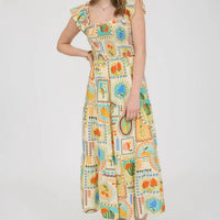Multi Color Fruit Print Smocked Midi Dress