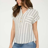 Stripe Half Button Collared Short Sleeve Shirt